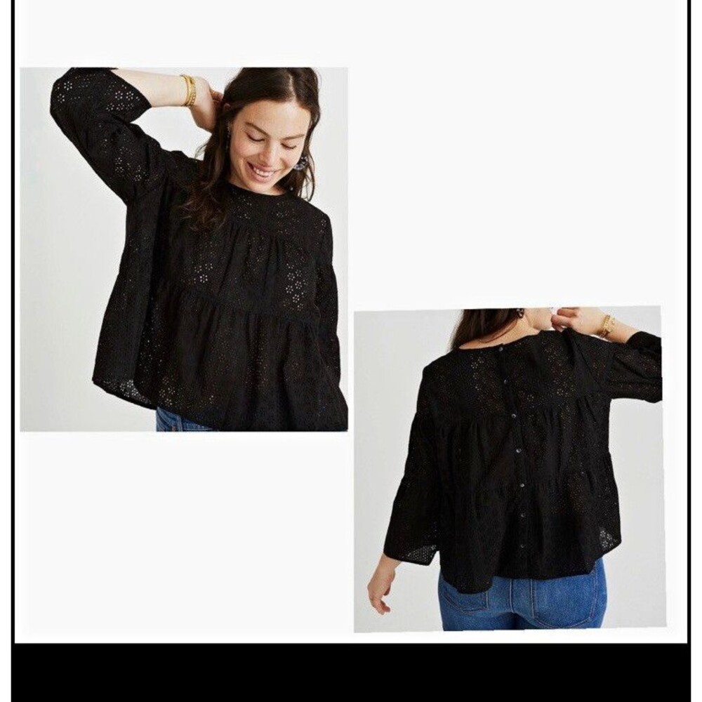 Madewell Black Eyelet Tiered Button Back Long Sleeve Blouse Top Cottagecore XS